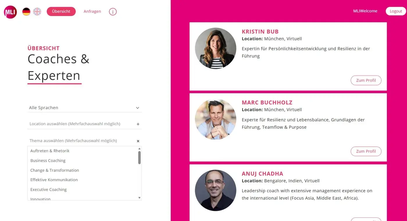 Das MLI Coach- und Expertenportal: Übersicht mit Filtern nach Sprache, Ort und Thema sowie Profilkarten der Coaches